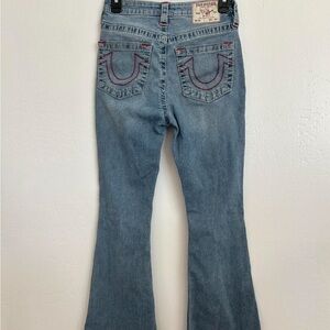 True Religion Charlie High Rise Light Blue Flare Jeans with Red Pocket Stitching